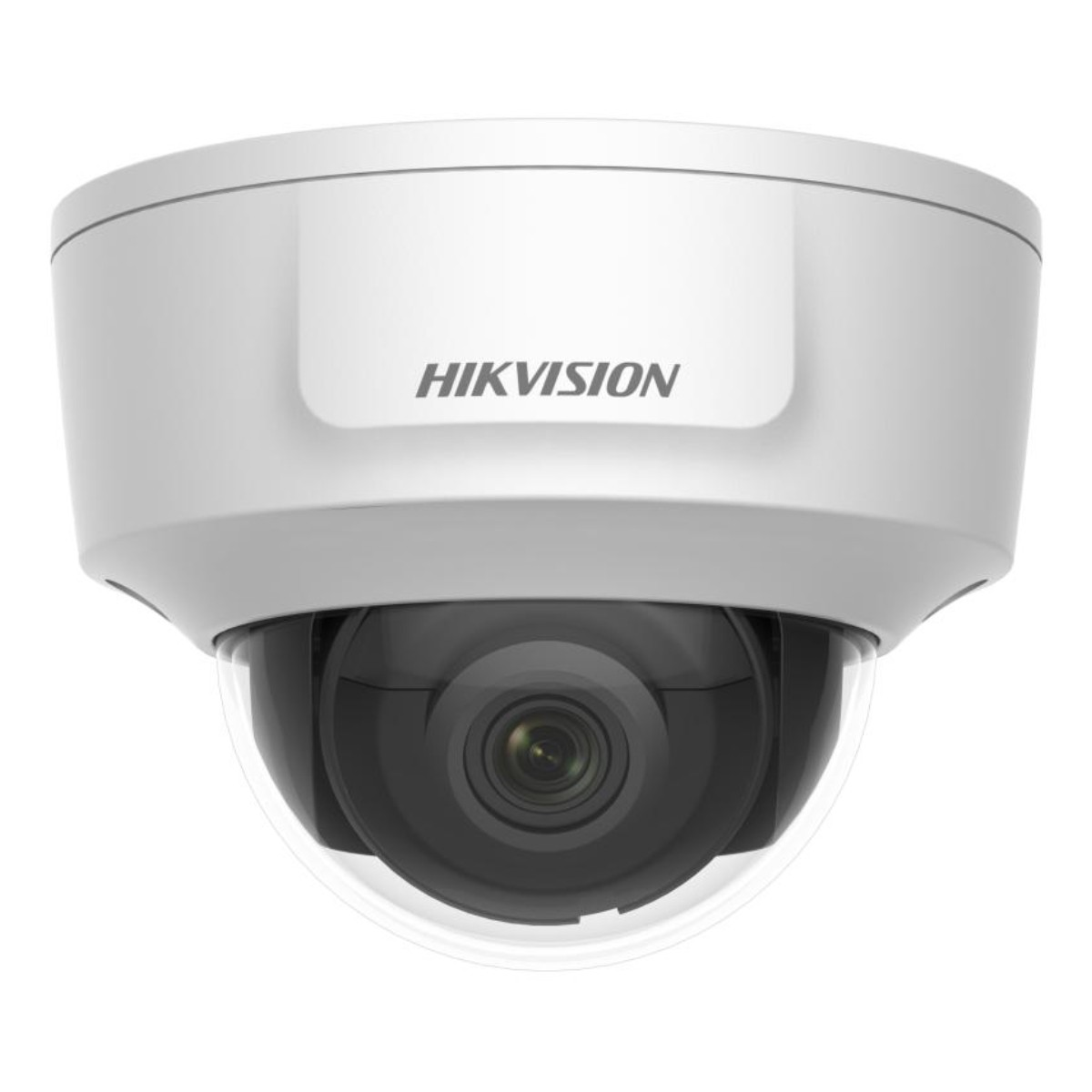 Una telecamera di sicurezza bianca Hikvision a cupola con cupola trasparente e obiettivo nero.