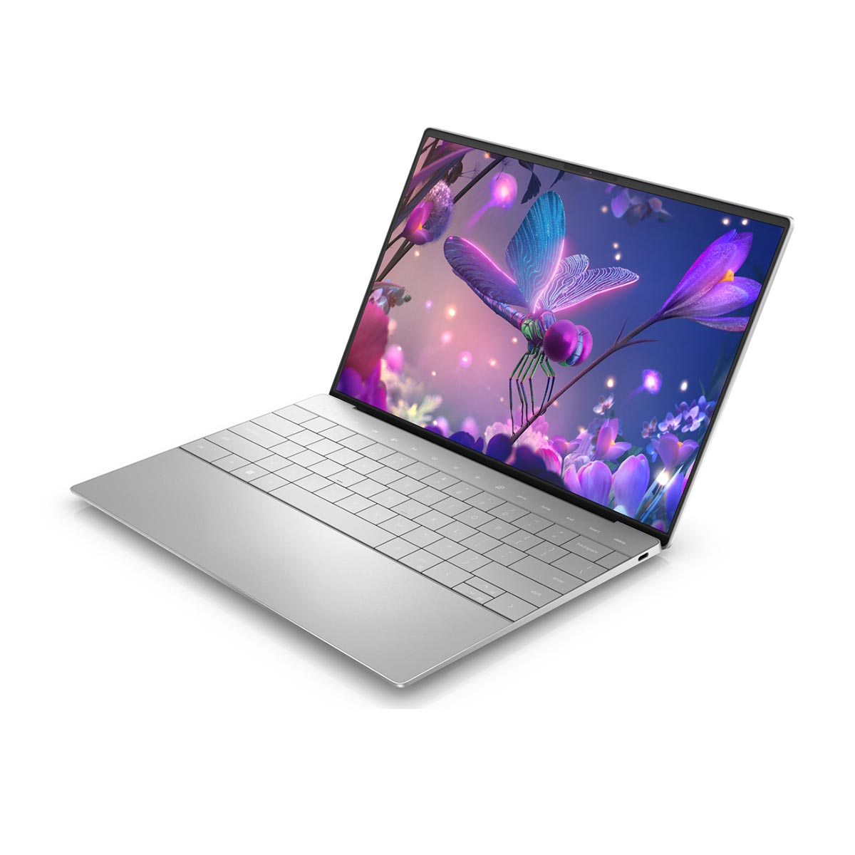 Srebrny laptop z obrazem motyla na ekranie.