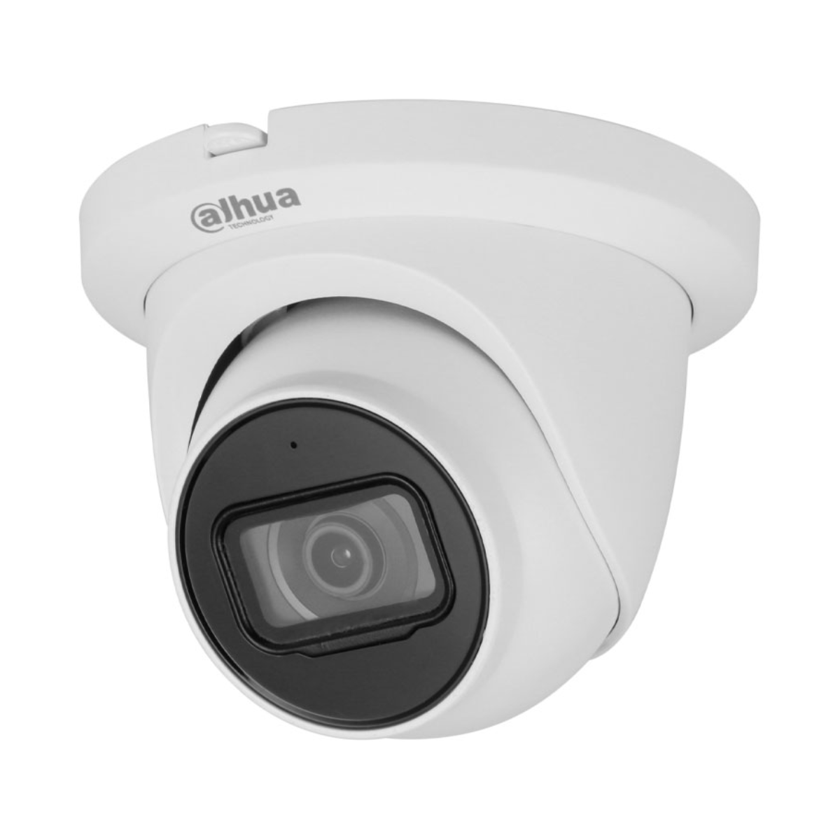 Una telecamera di sicurezza Dahua bianca con anello e lente neri.