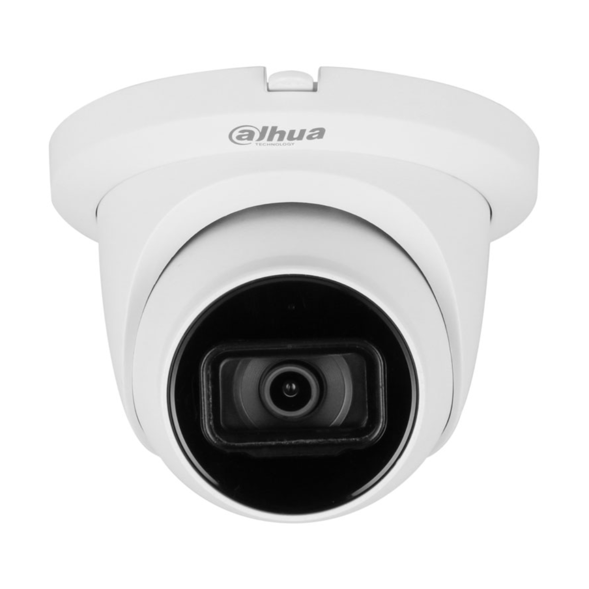 Una telecamera di sicurezza bianca con logo Dahua, isolata su sfondo bianco.