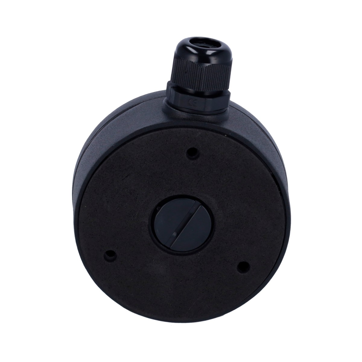 Conector redondo negro con collar acanalado y tapa negra.