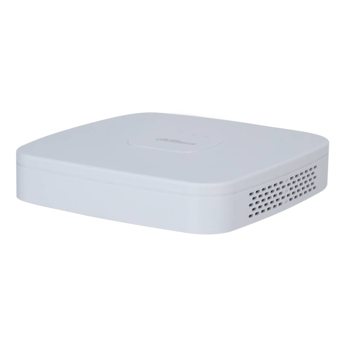 Un dispositivo di registrazione bianco con fessure di ventilazione e un logo sopra.