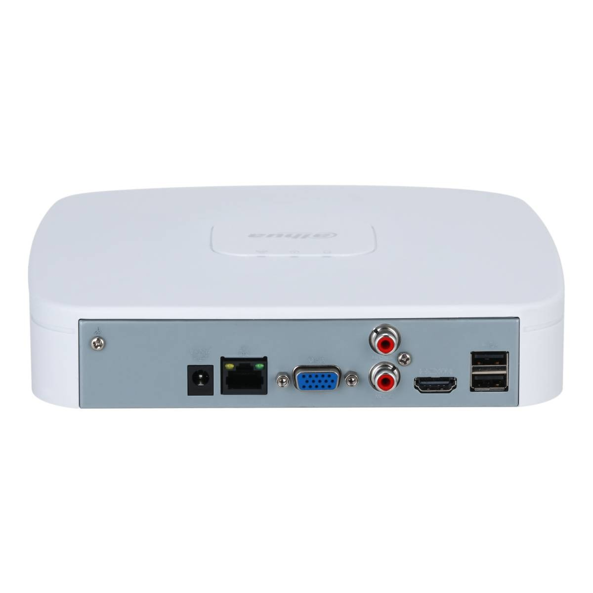 Pannello posteriore di un DVR bianco: porte di alimentazione, LAN, VGA, audio, HDMI e USB.
