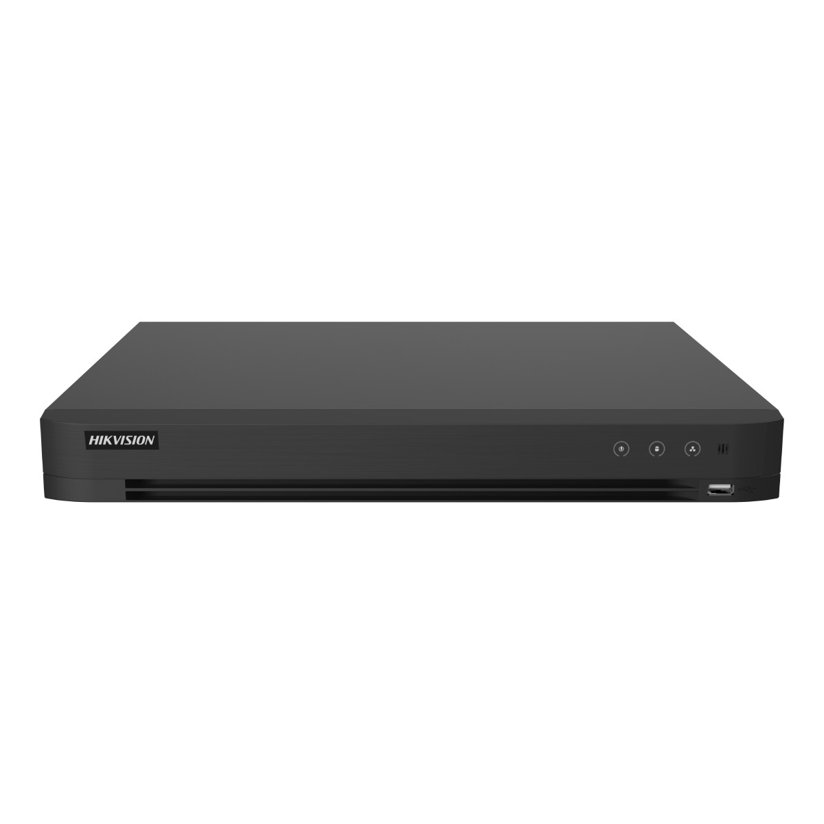 Un DVR Hikvision negro con botones frontales y puerto USB.