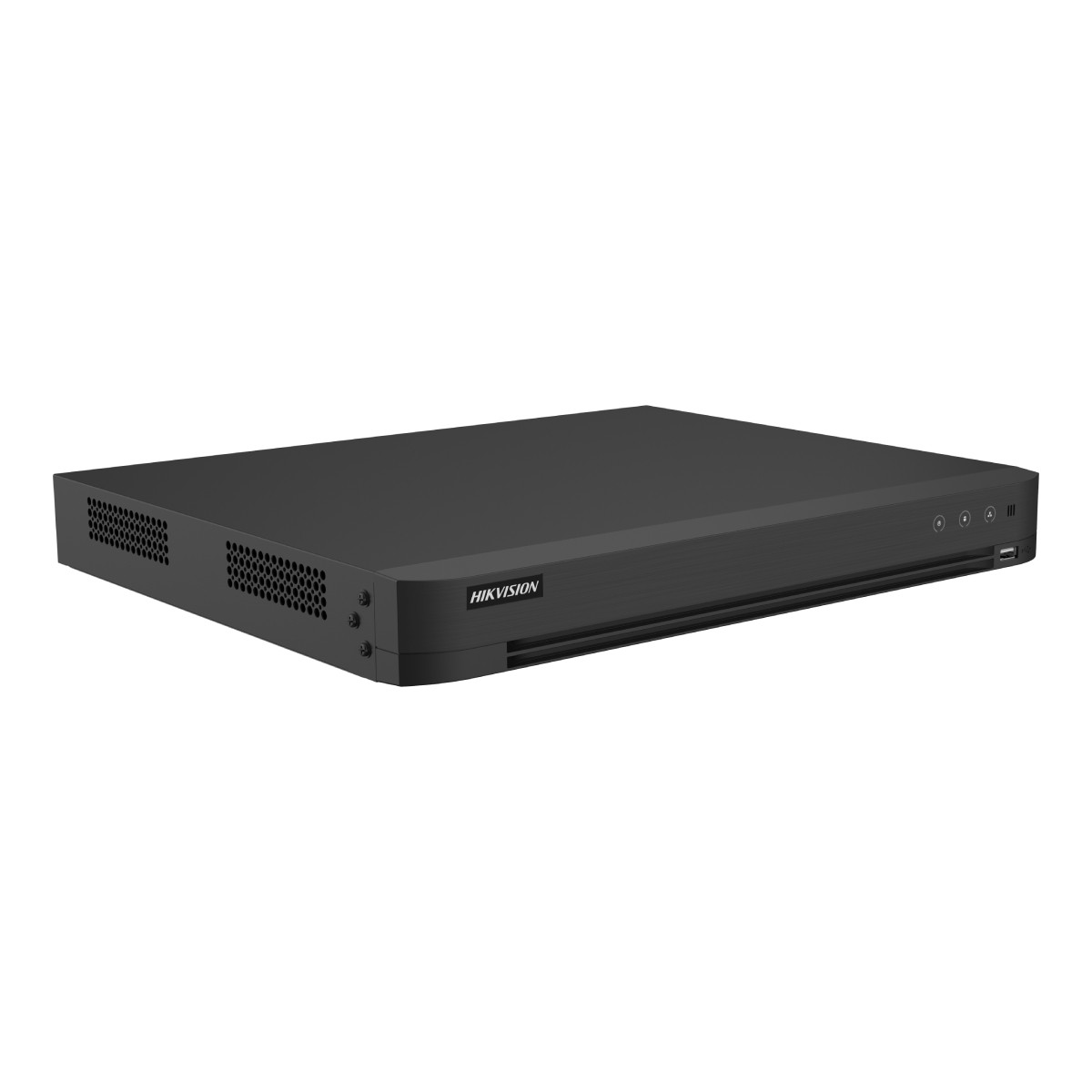 Un DVR Hikvision negro con orificios de ventilación laterales y botones frontales.