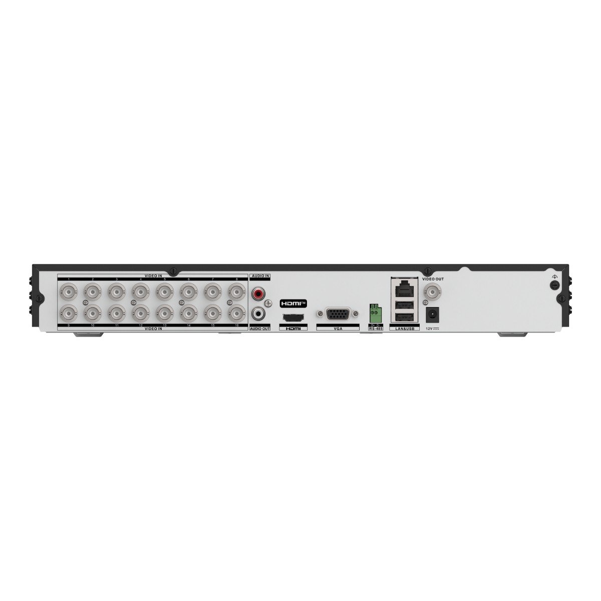 Parte trasera de un DVR de 16 canales con puertos de entrada/salida de video/audio, HDMI, VGA, LAN/USB y alimentación.