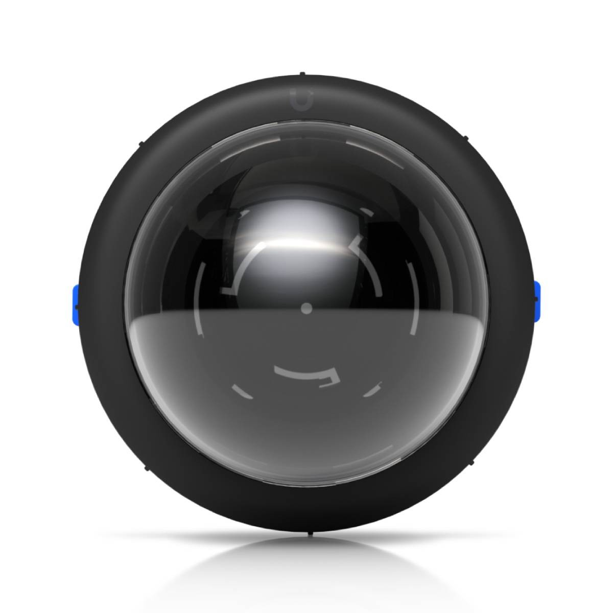Una telecamera nera a 360 gradi con un grande obiettivo a cupola, isolata su sfondo bianco.