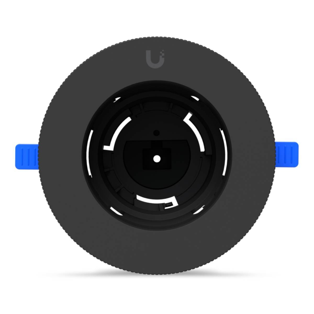 Oggetto rotondo nero con manico blu e logo "U".