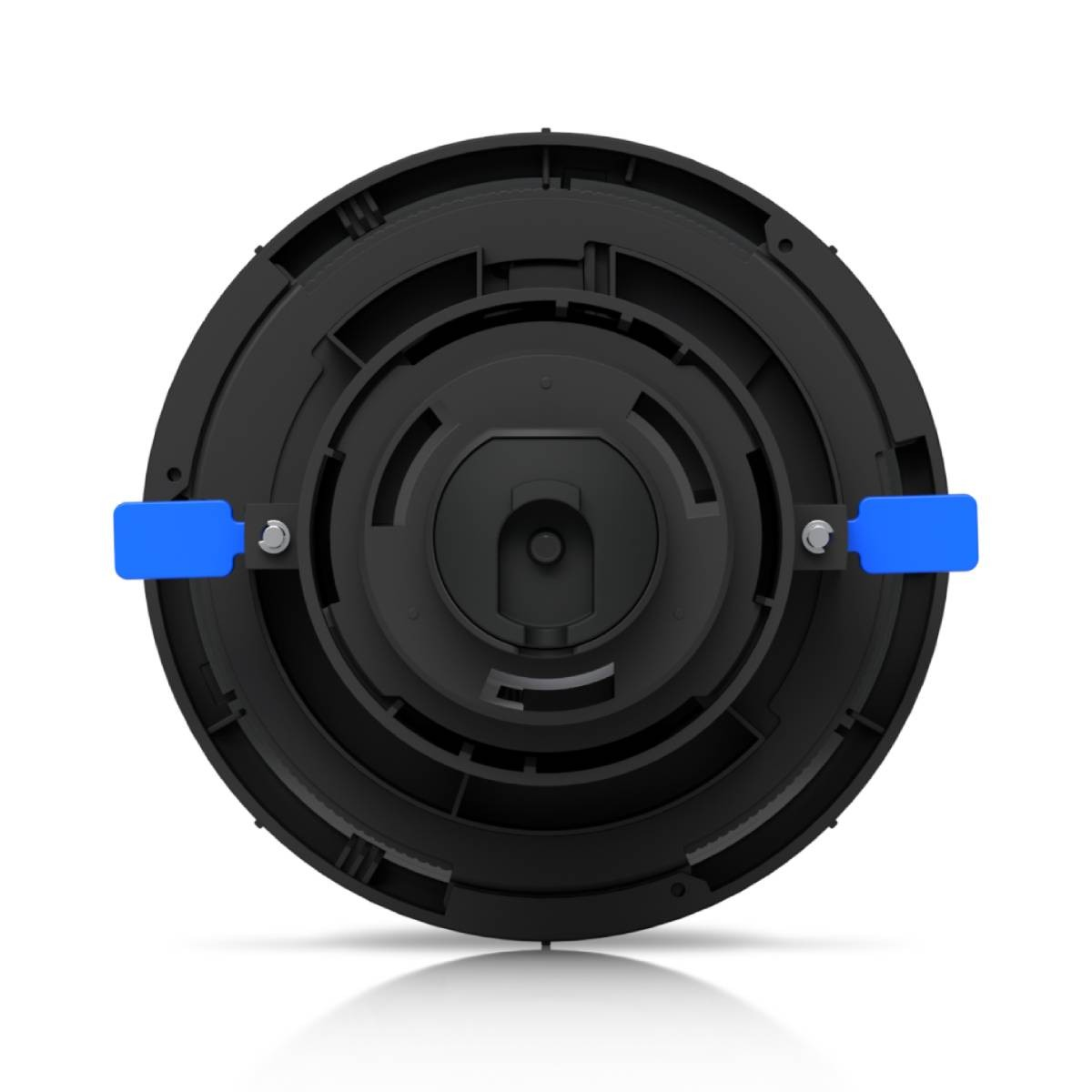Un oggetto circolare nero con clip e viti blu in dettaglio.