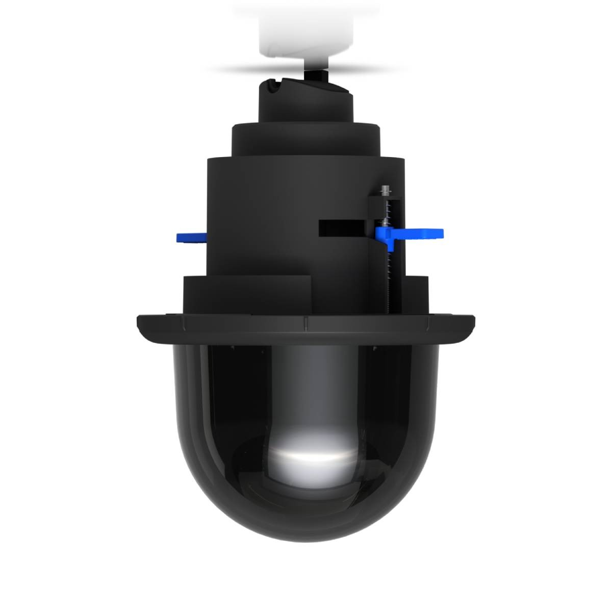 Telecamera di sicurezza nera con cupola e accenti blu, vista dall'alto.