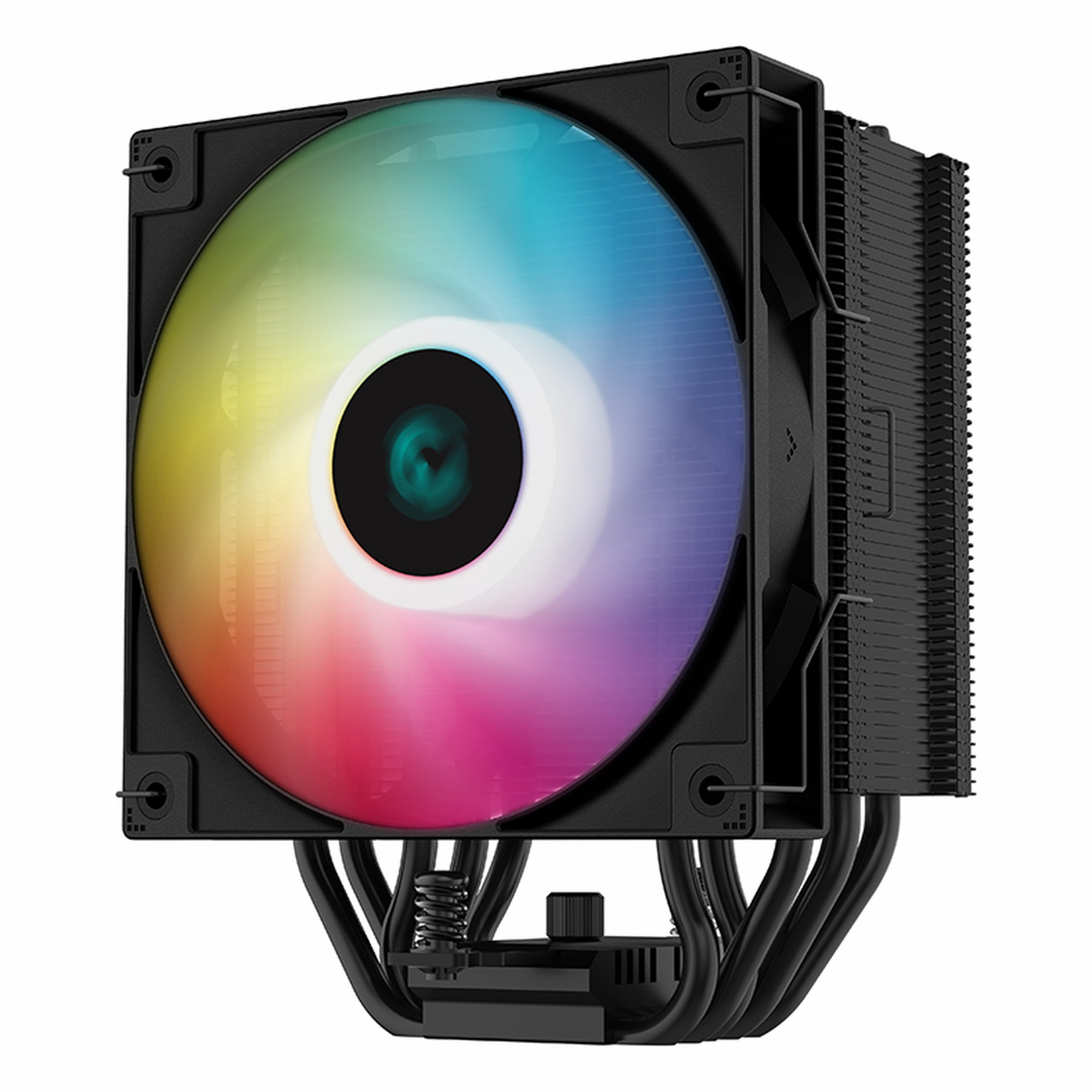 Czarna chłodnica CPU z wentylatorem RGB i żeberkami chłodzącymi.