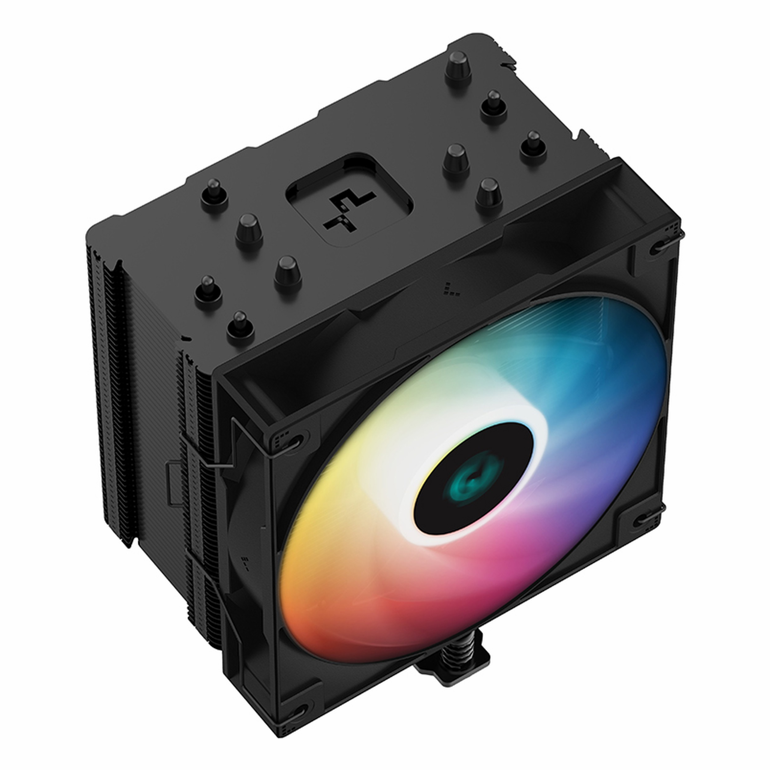 Czarna chłodnica CPU z wentylatorem RGB i aluminiowymi żeberkami.