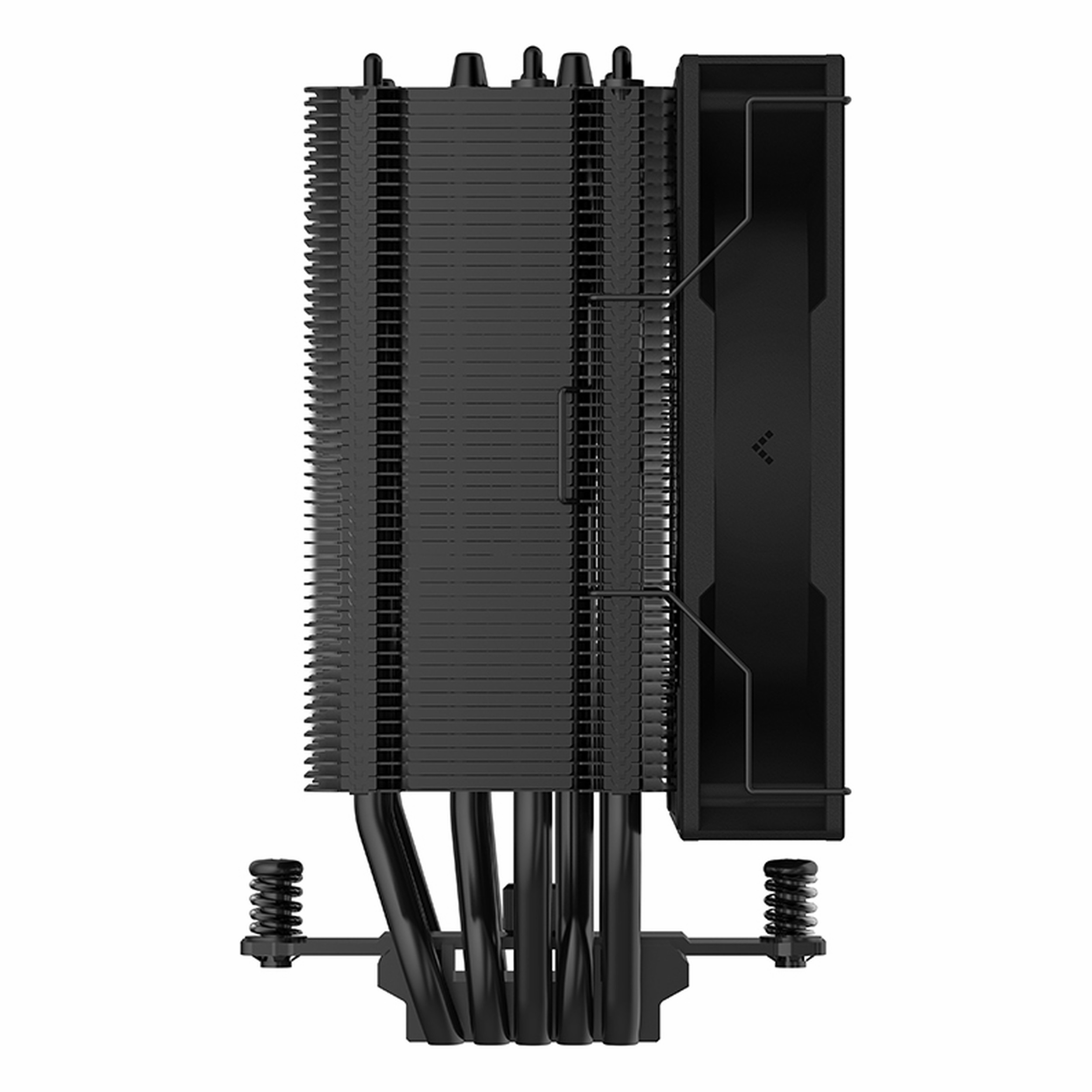 Czarna chłodnica CPU z wentylatorem, radiatorami i miedzianymi rurkami.