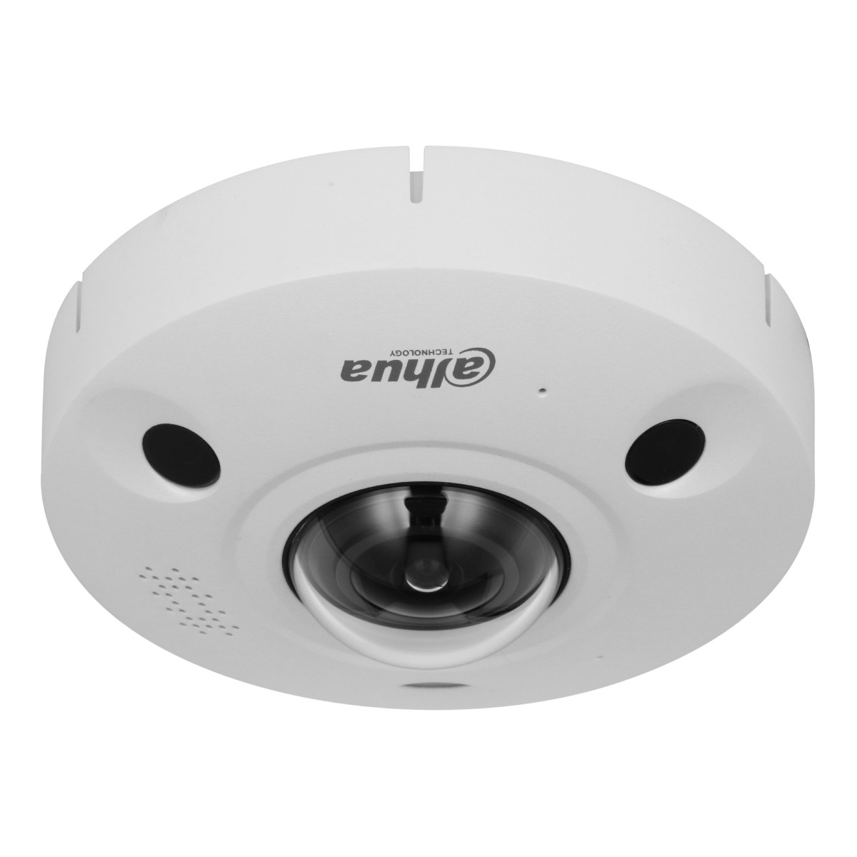 Una telecamera di sicurezza bianca con obiettivo grandangolare e due lenti nere.