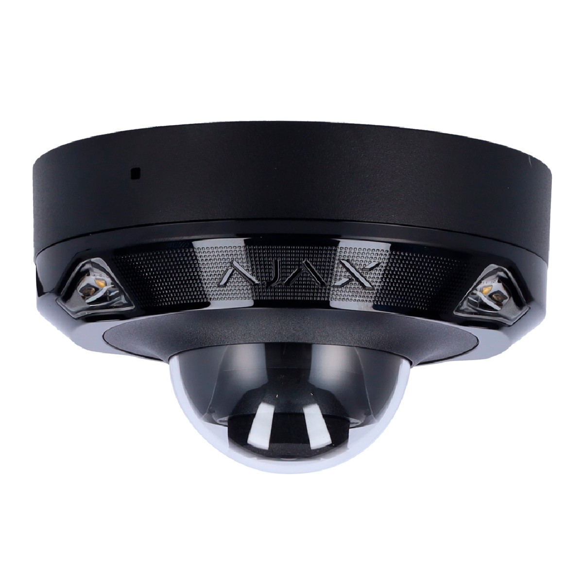 Telecamera di sicurezza dome nera con logo AJAX. Include luci LED.