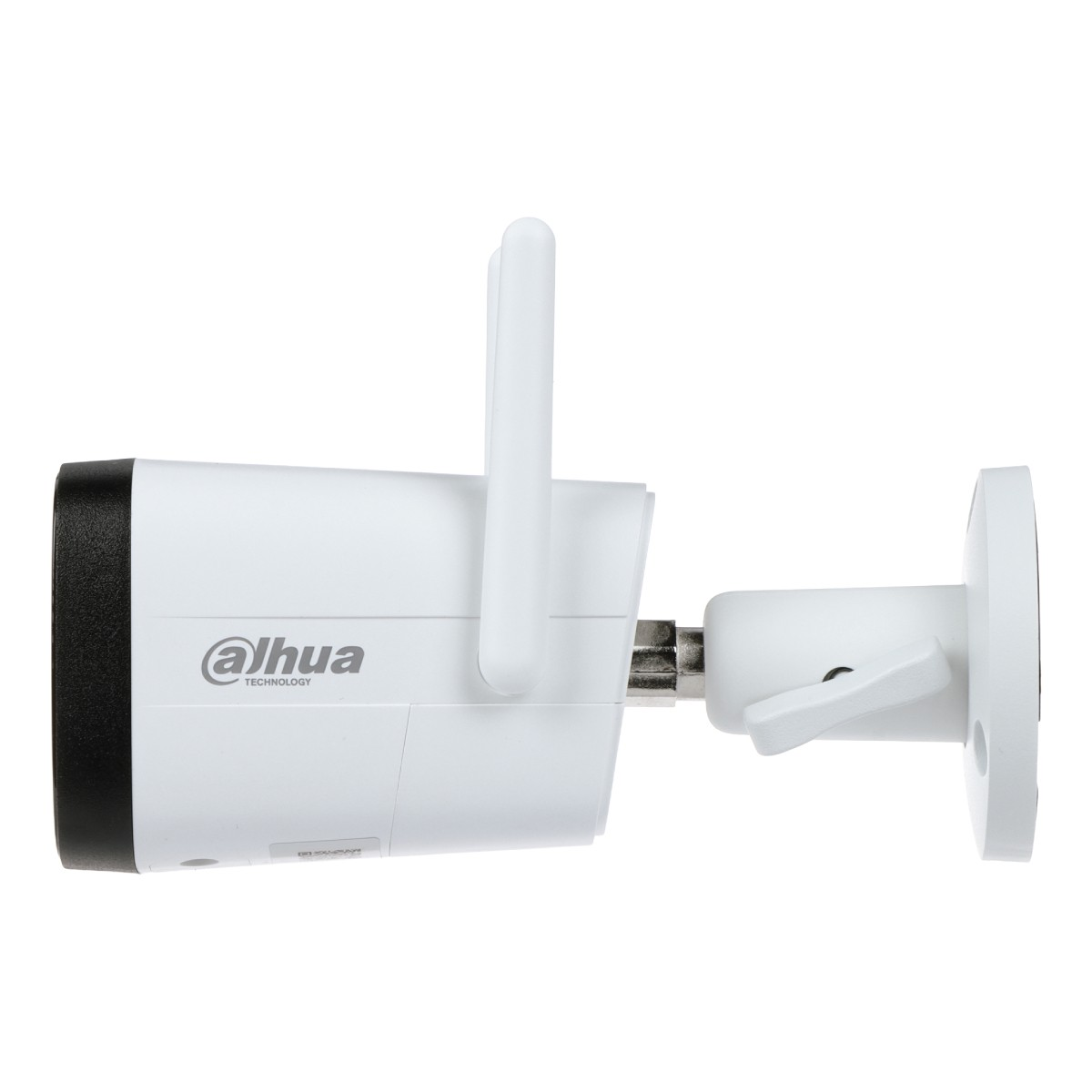 Una telecamera di sicurezza Dahua bianca con due antenne e fronte nero è mostrata su sfondo bianco.