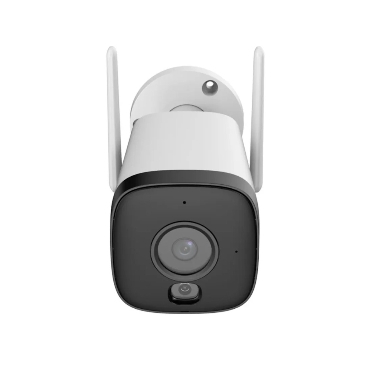 Telecamera di sicurezza bianca con frontale nero, due antenne e lente.
