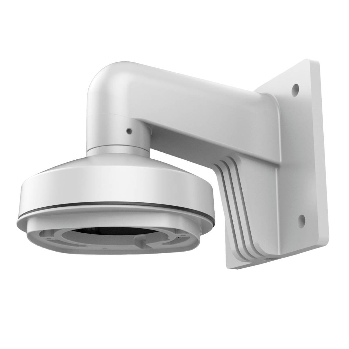 Staffa bianca per telecamera CCTV montata a parete.