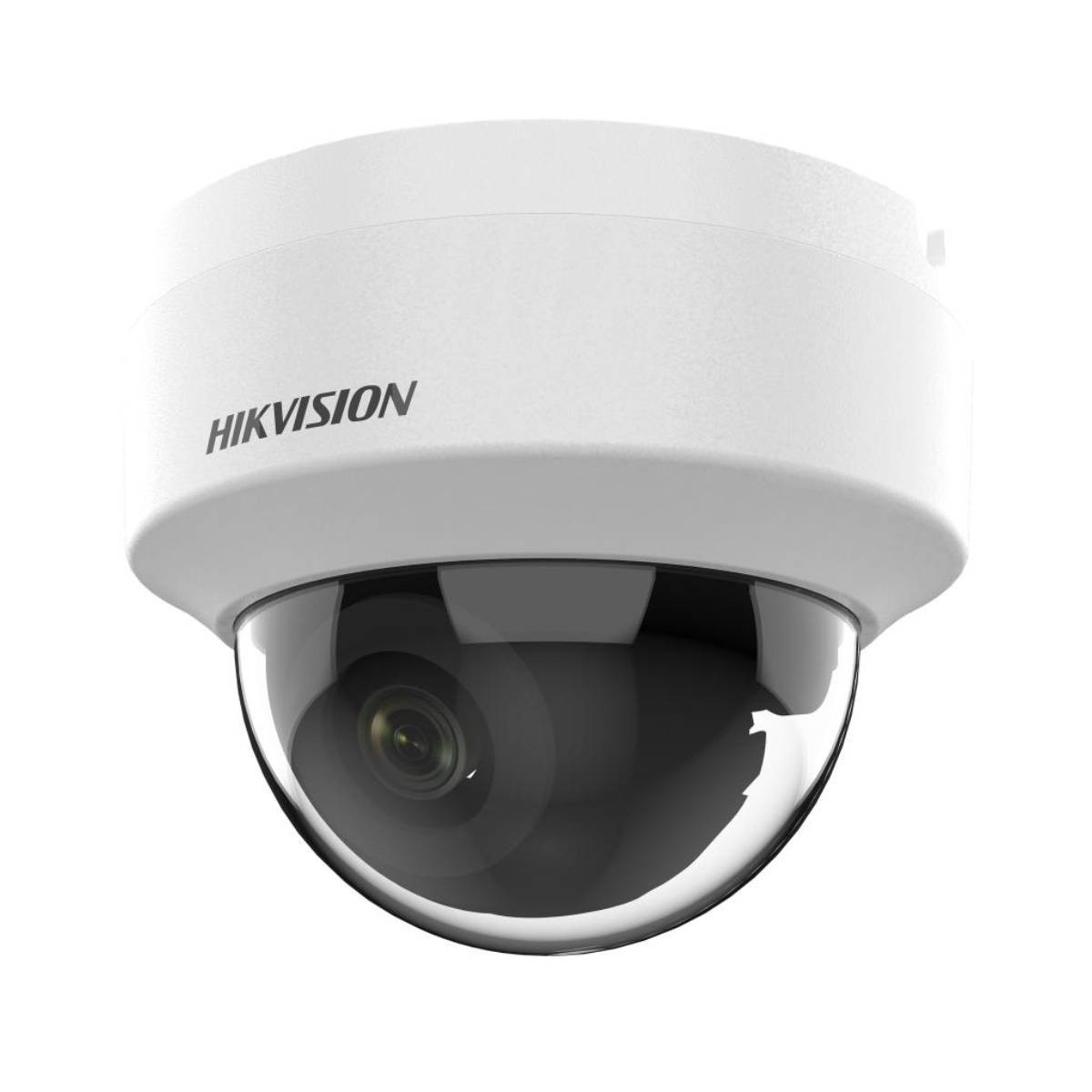 Telecamera di sicurezza bianca Hikvision a cupola con obiettivo visibile all'interno.