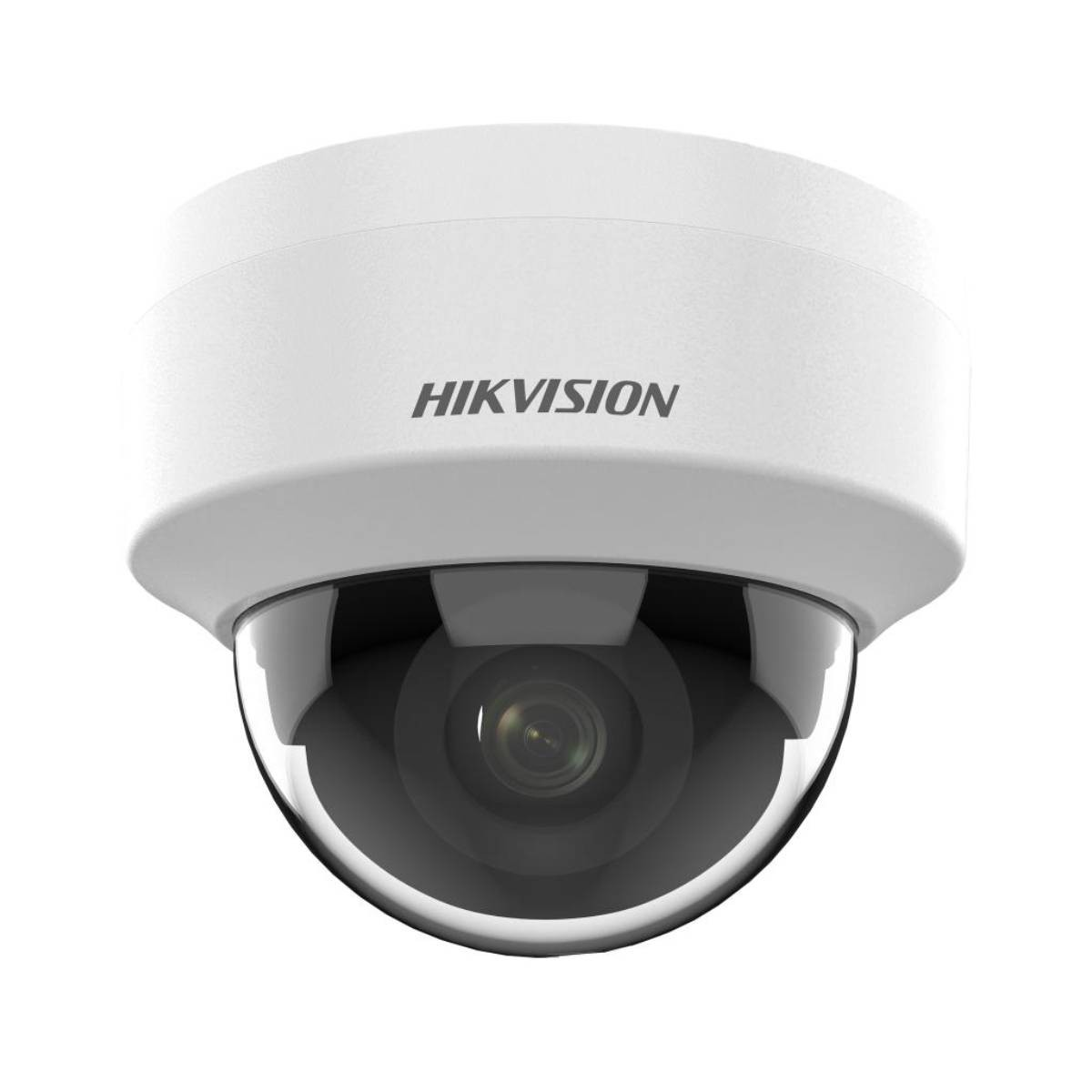 Una telecamera dome Hikvision bianca con custodia trasparente.