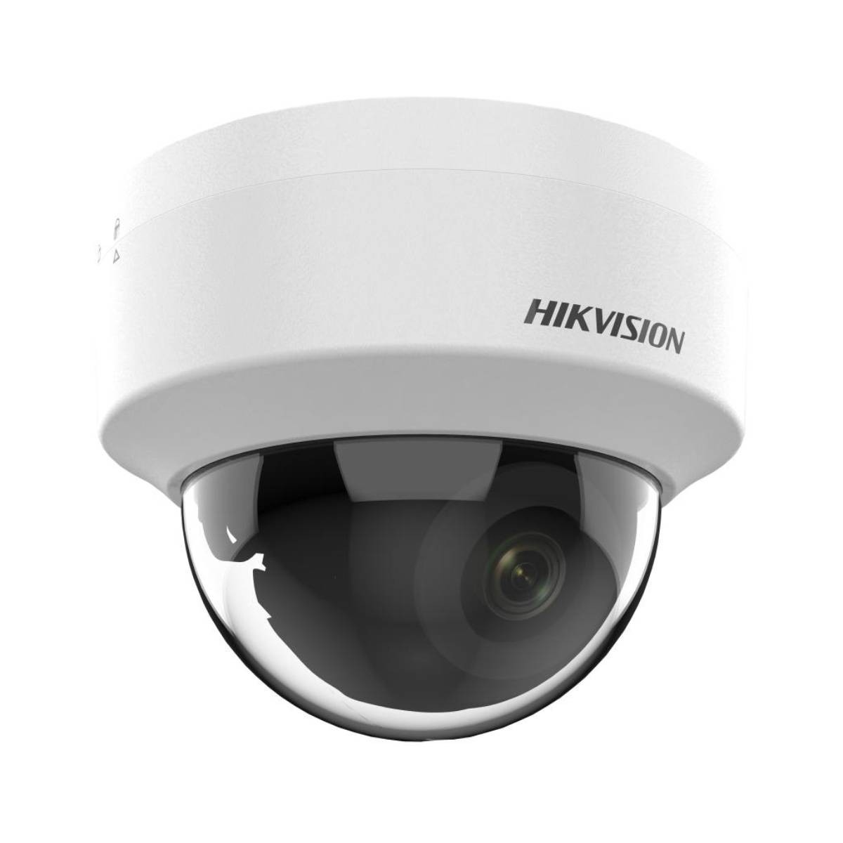 Una telecamera di sicurezza dome Hikvision bianca con obiettivo scuro e riflettente.