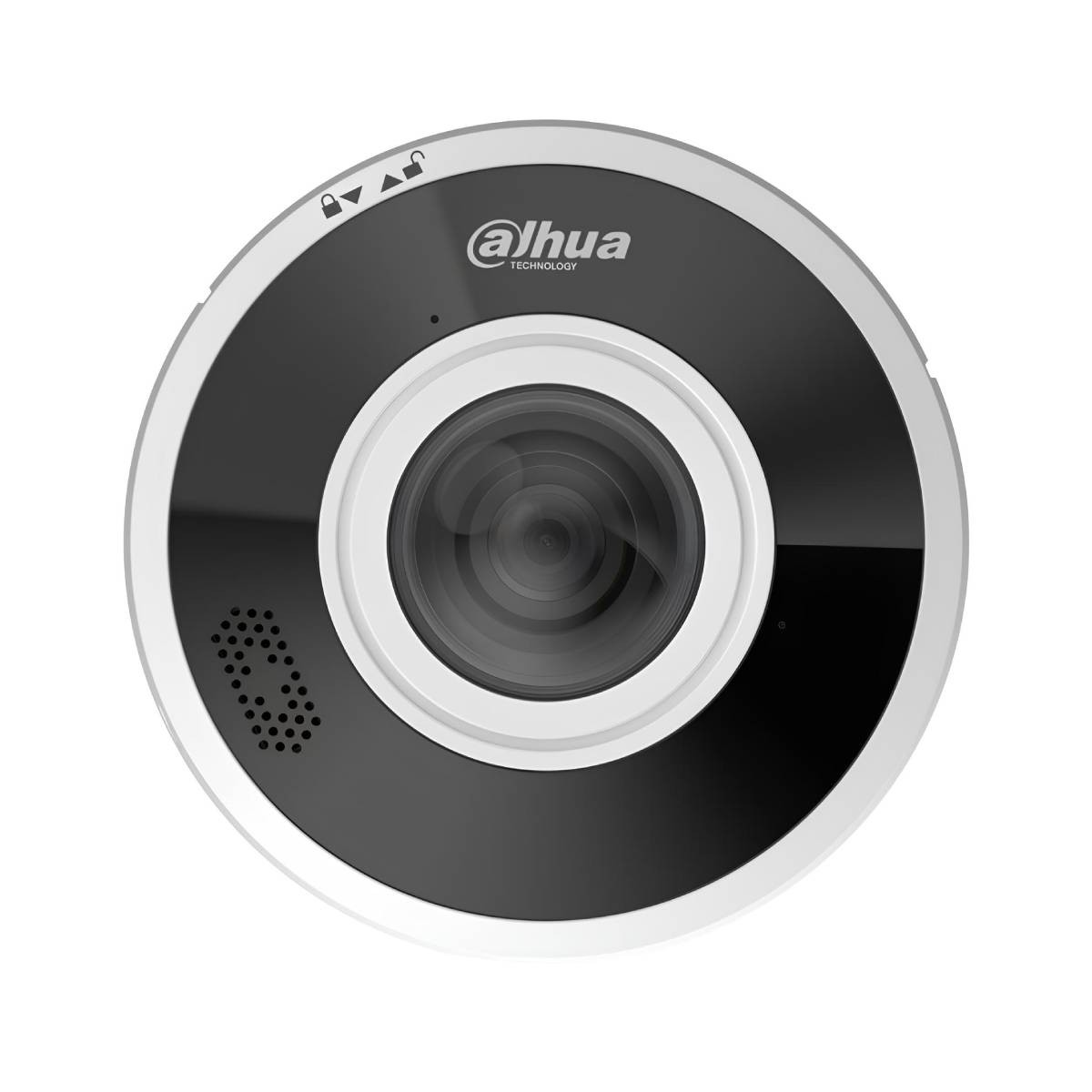 Una telecamera di sicurezza rotonda bianca con anello e lente neri.