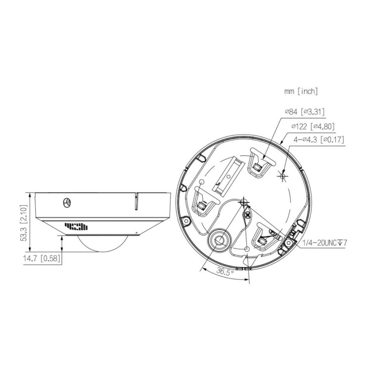 Disegno tecnico di un dispositivo con dimensioni e angoli.