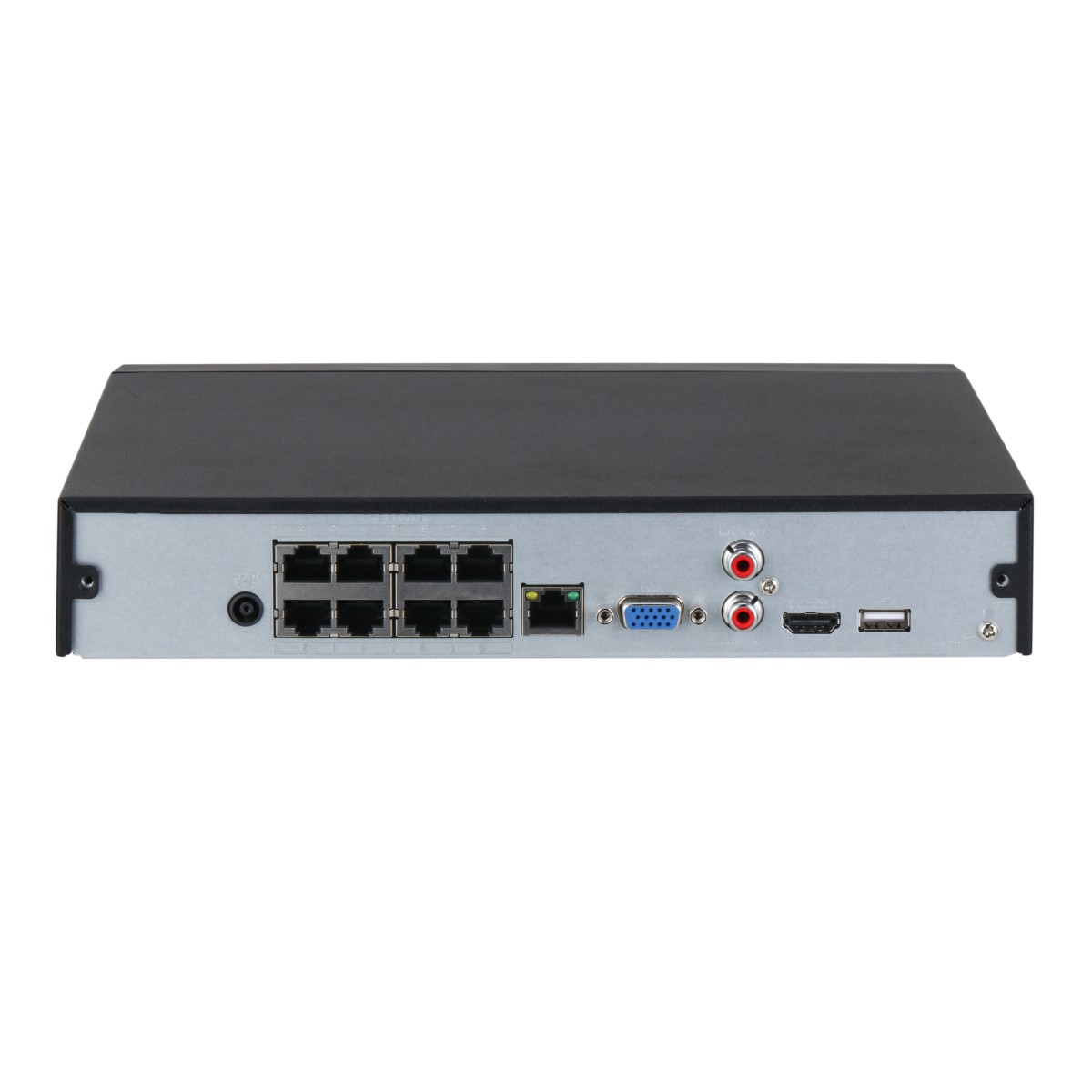 Panel trasero de NVR negro con varios puertos: 8 Ethernet, 1 VGA, 2 RCA, 1 HDMI, 1 USB.