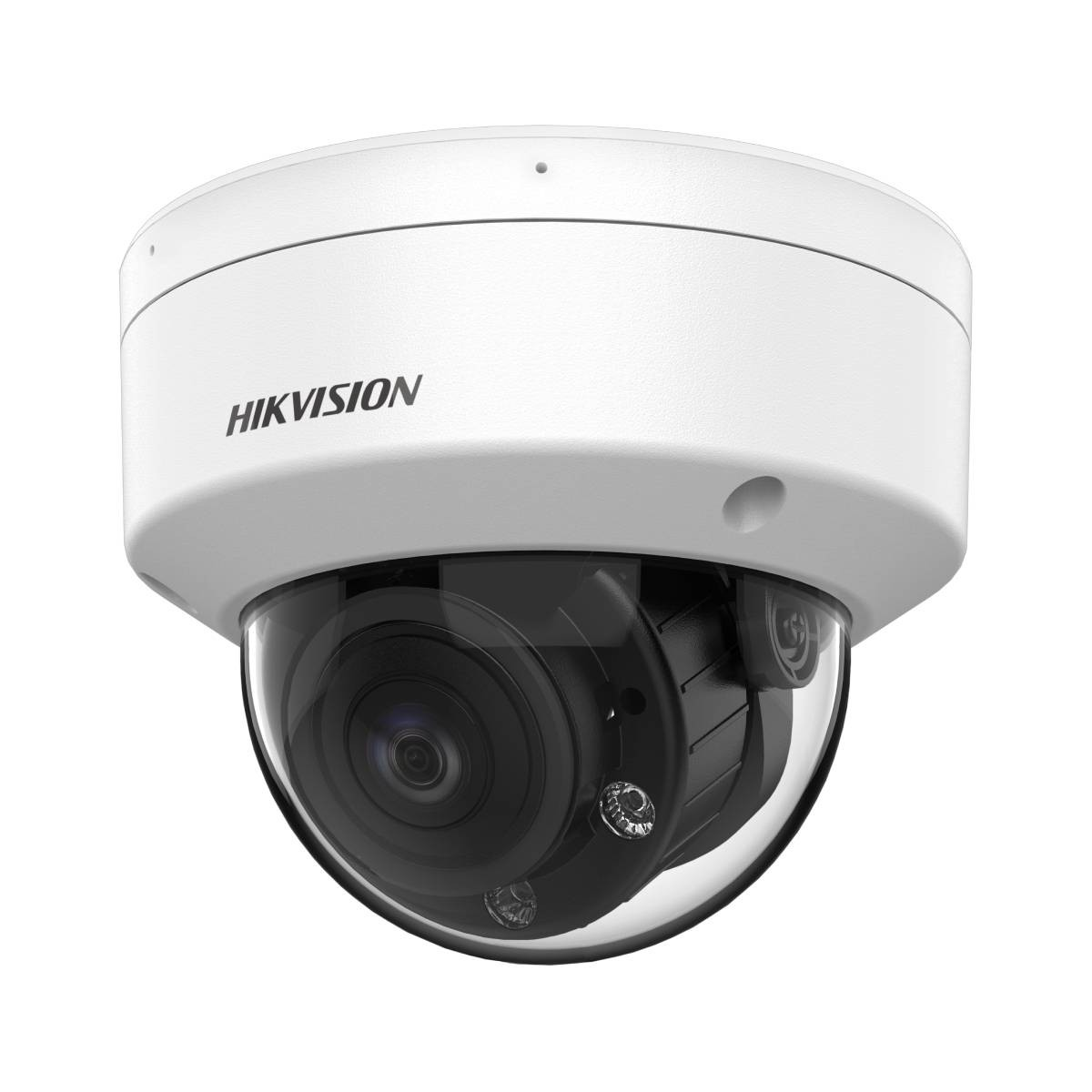 Telecamera dome Hikvision bianca con lente e lenti nere. Sfondo bianco.