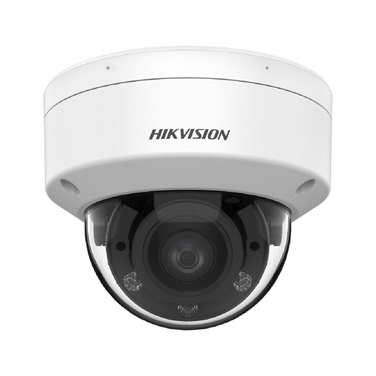 Telecamera di sicurezza dome Hikvision bianca con cupola trasparente e LED IR.