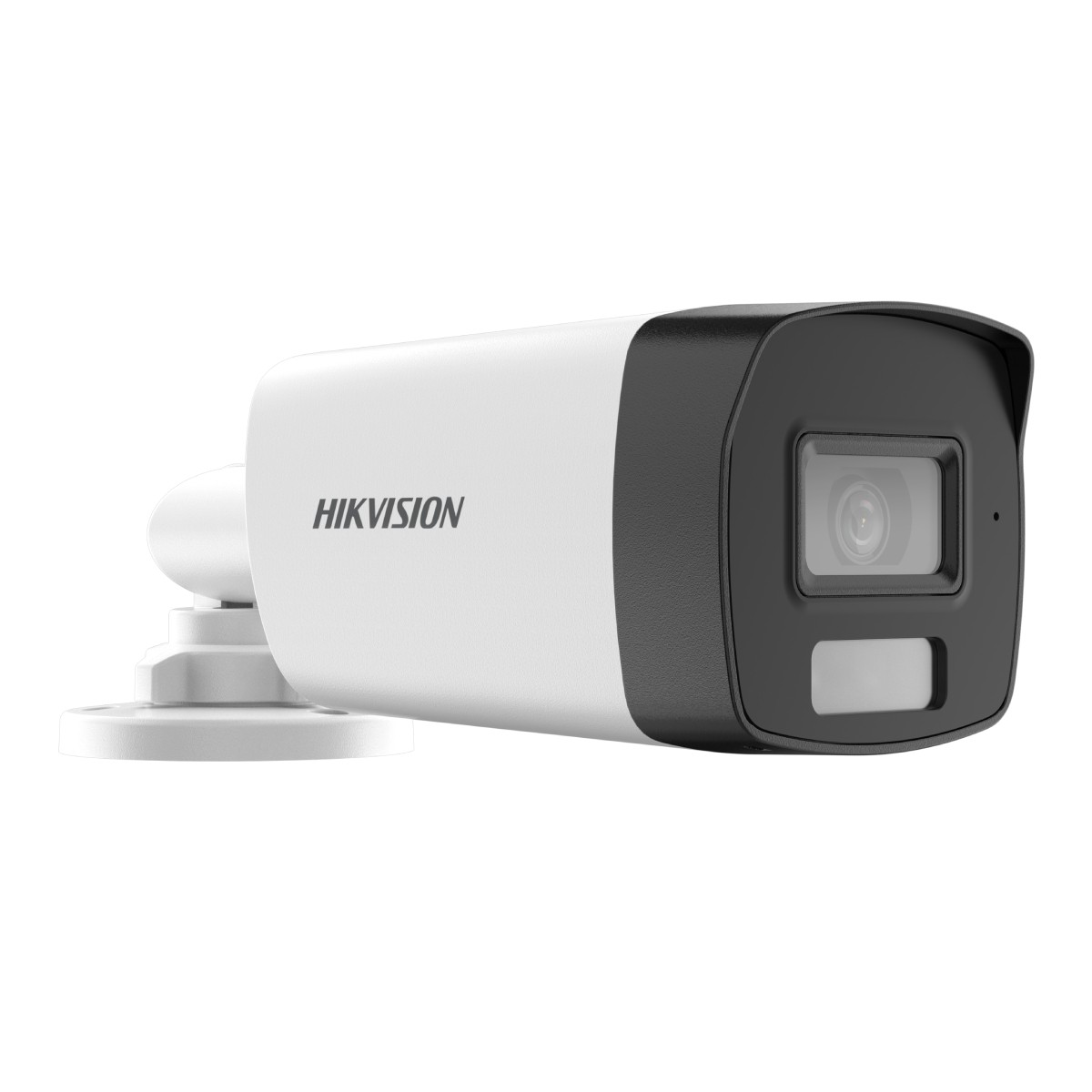 Telecamera di sicurezza Hikvision con cassa bianca e nera, lente e base di montaggio.