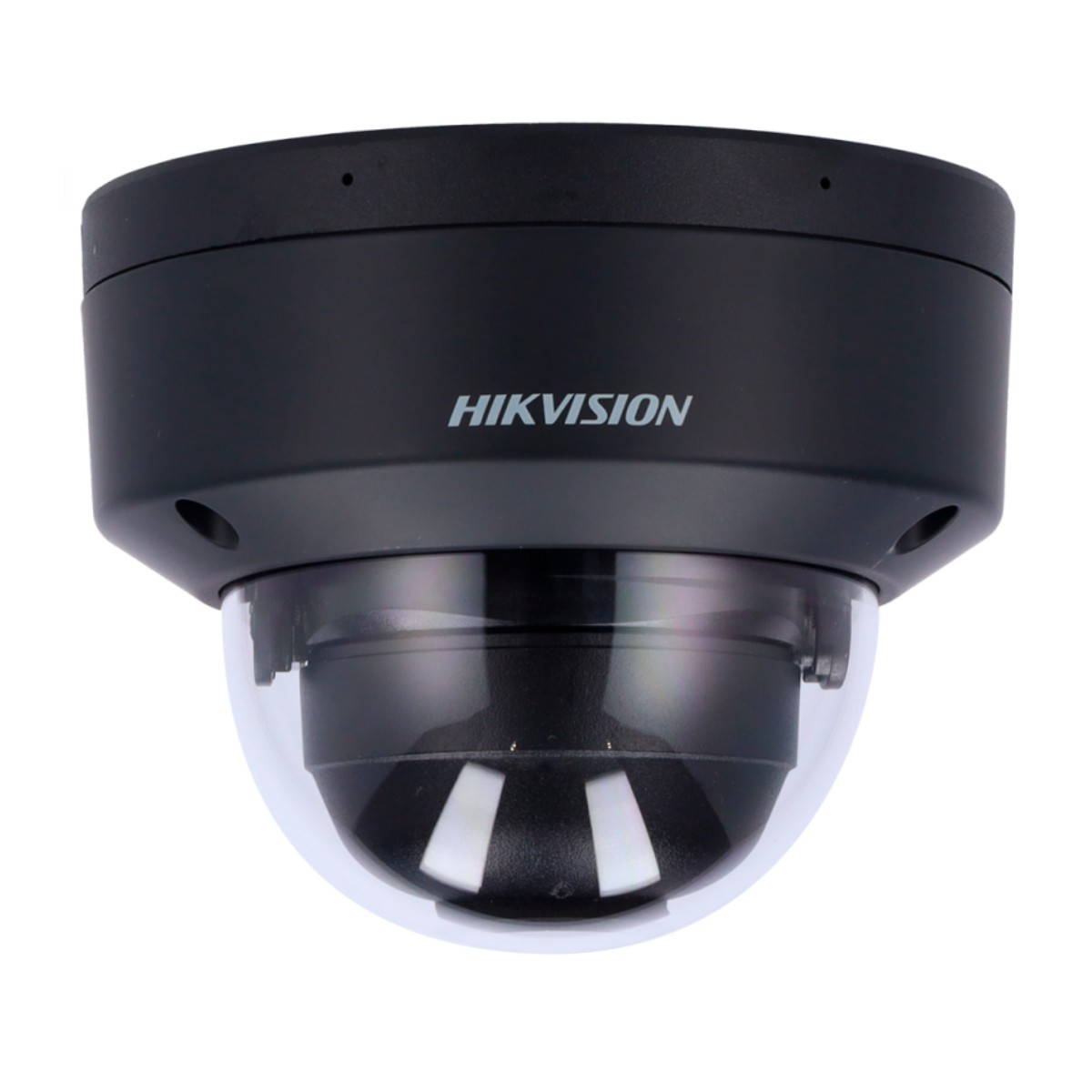 Una telecamera dome Hikvision nera con lente dome trasparente.