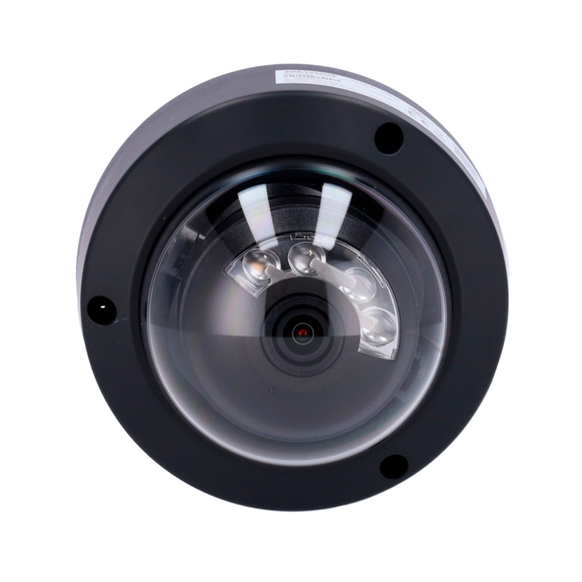 Una telecamera di sicurezza nera a cupola con LED IR su sfondo bianco.