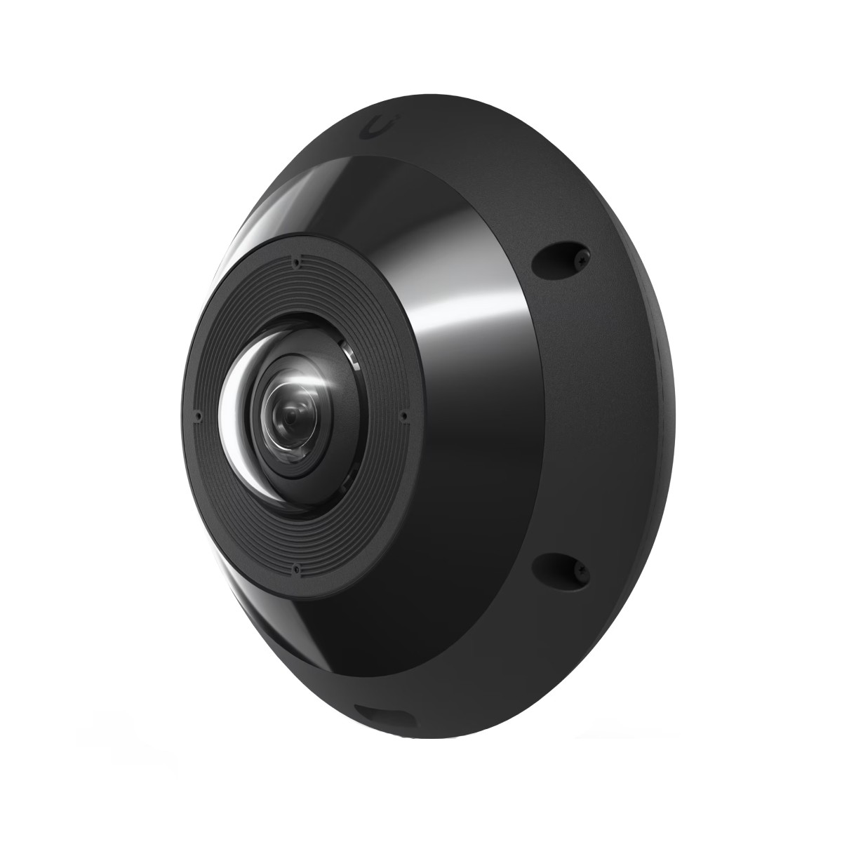 A black 360-degree camera with one lens and a glossy casing.