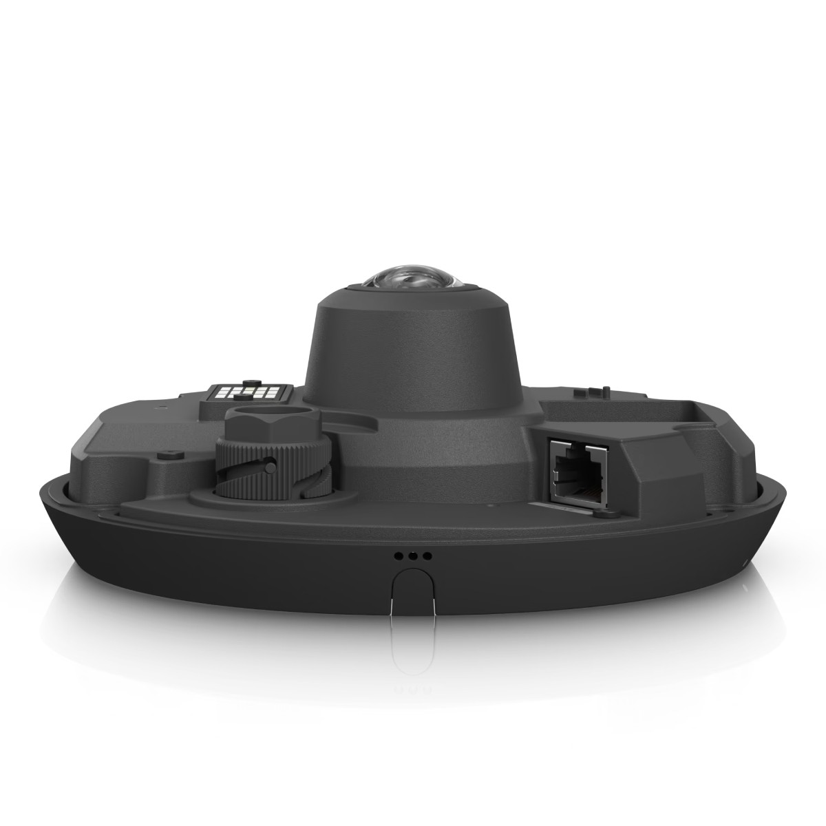 Black, round device with a dome, a dial, and a network port.