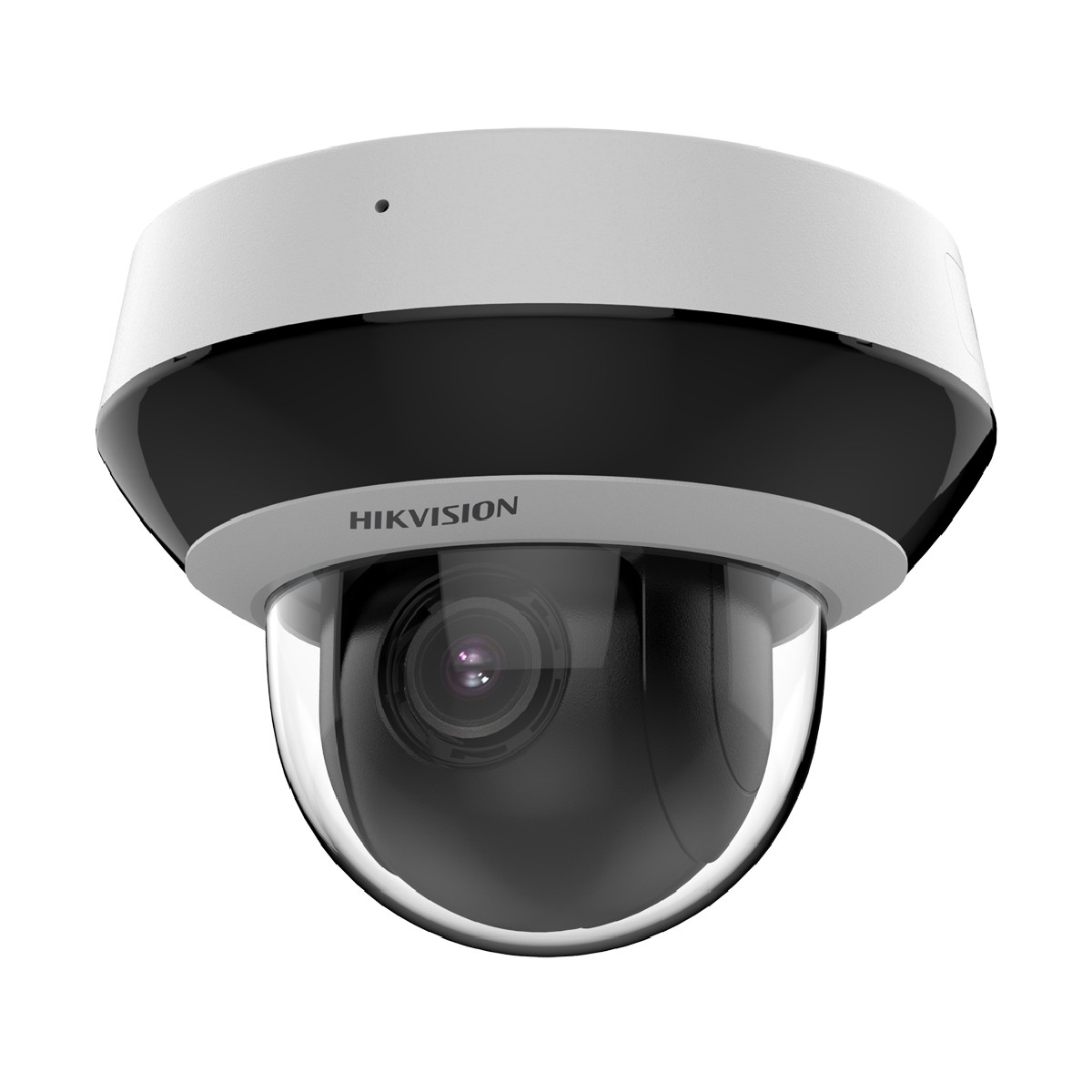 Una telecamera dome Hikvision bianca e nera con lente trasparente.