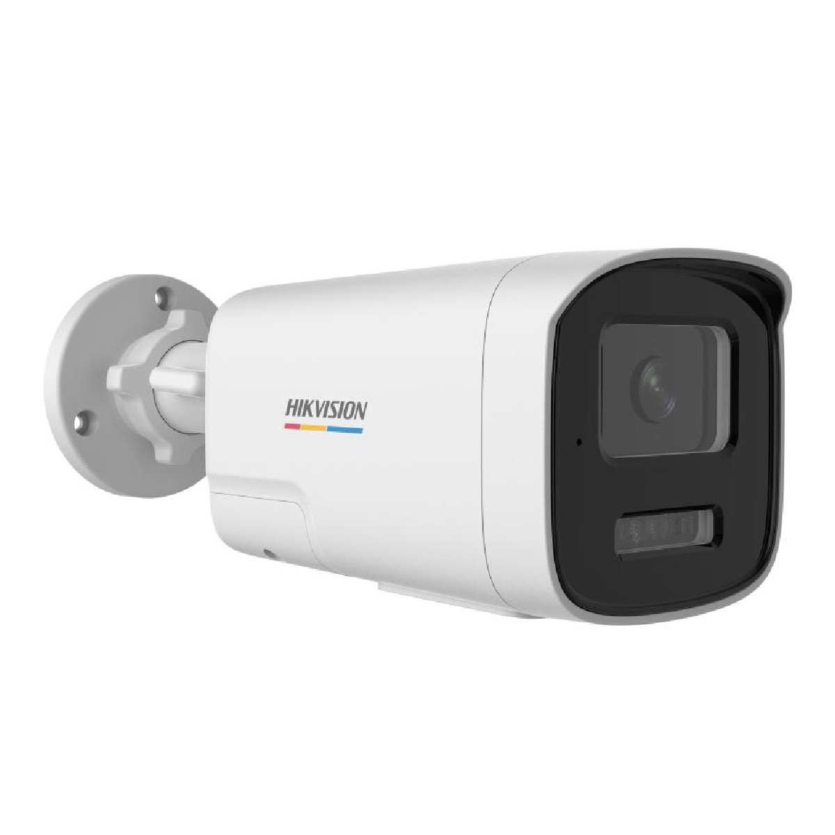 Una cámara Hikvision blanca con frontal y soporte negros.