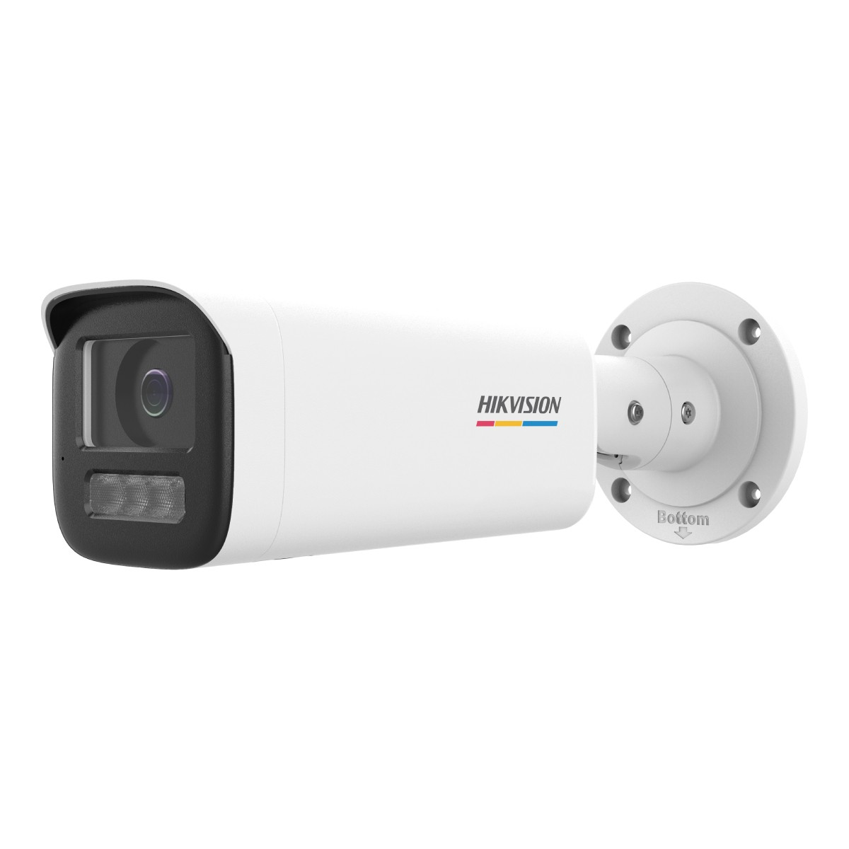 Una telecamera Hikvision bianca con frontale e lente neri.
