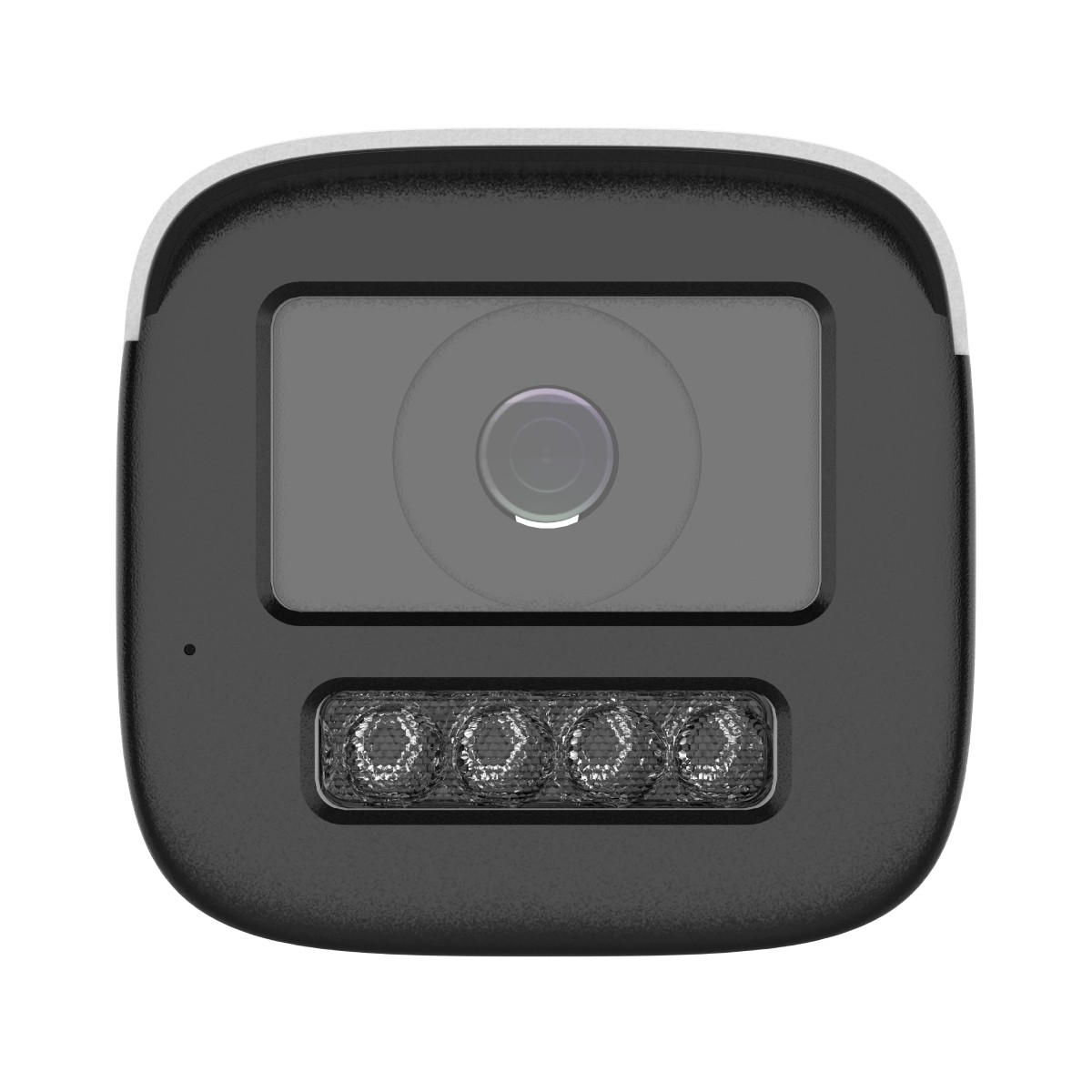 Una telecamera di sicurezza nera con obiettivo e quattro LED a infrarossi.