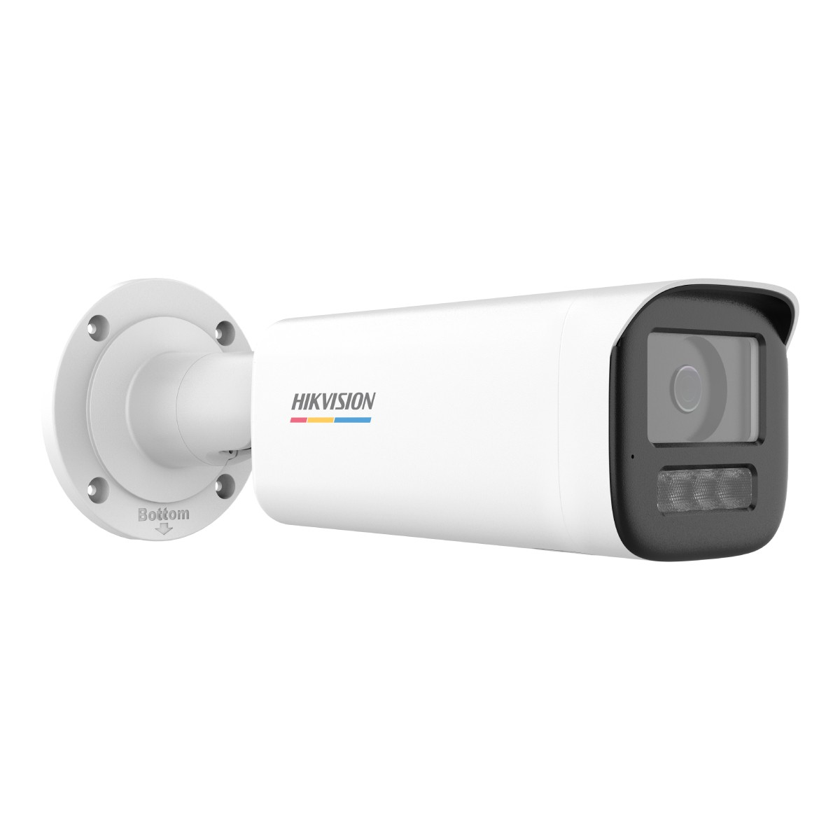 Una telecamera di sicurezza Hikvision bianca con area lente nera e spie luminose.
