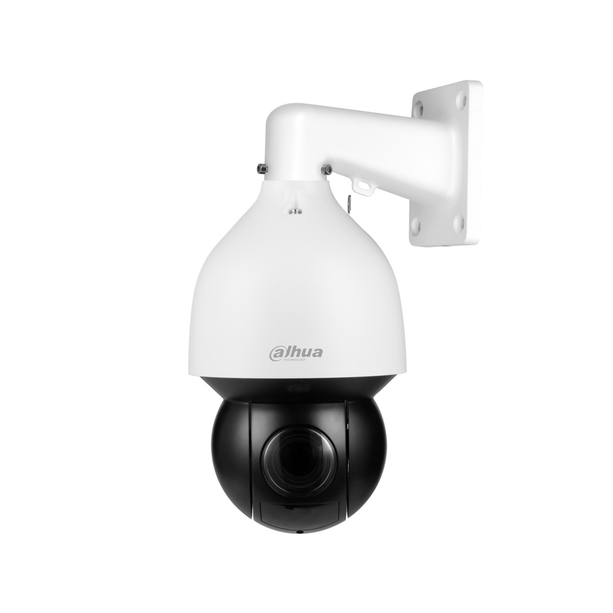 Una telecamera di sicurezza bianca con obiettivo nero, montata su staffa a muro.