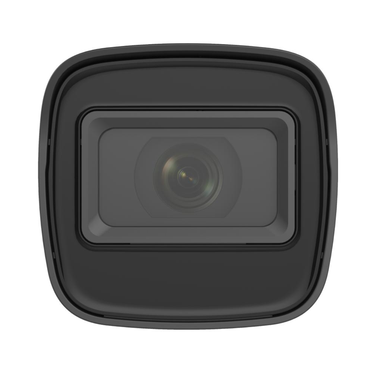 Primer plano de una cámara de seguridad negra con lente rectangular.