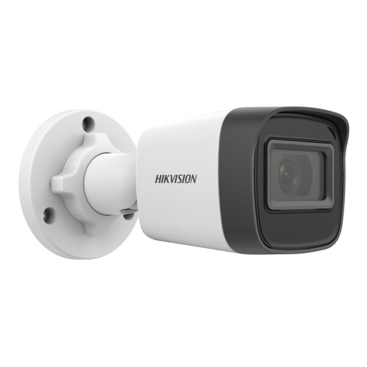 Cámara de seguridad Hikvision blanca con carcasa de lente negra, montada en un soporte blanco.