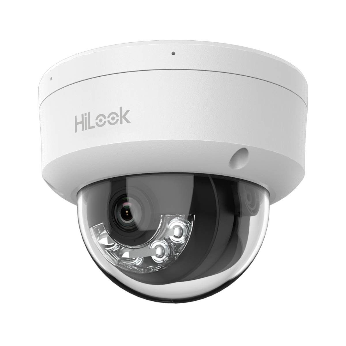 Una telecamera di sicurezza dome bianca con lente scura e quattro LED IR.