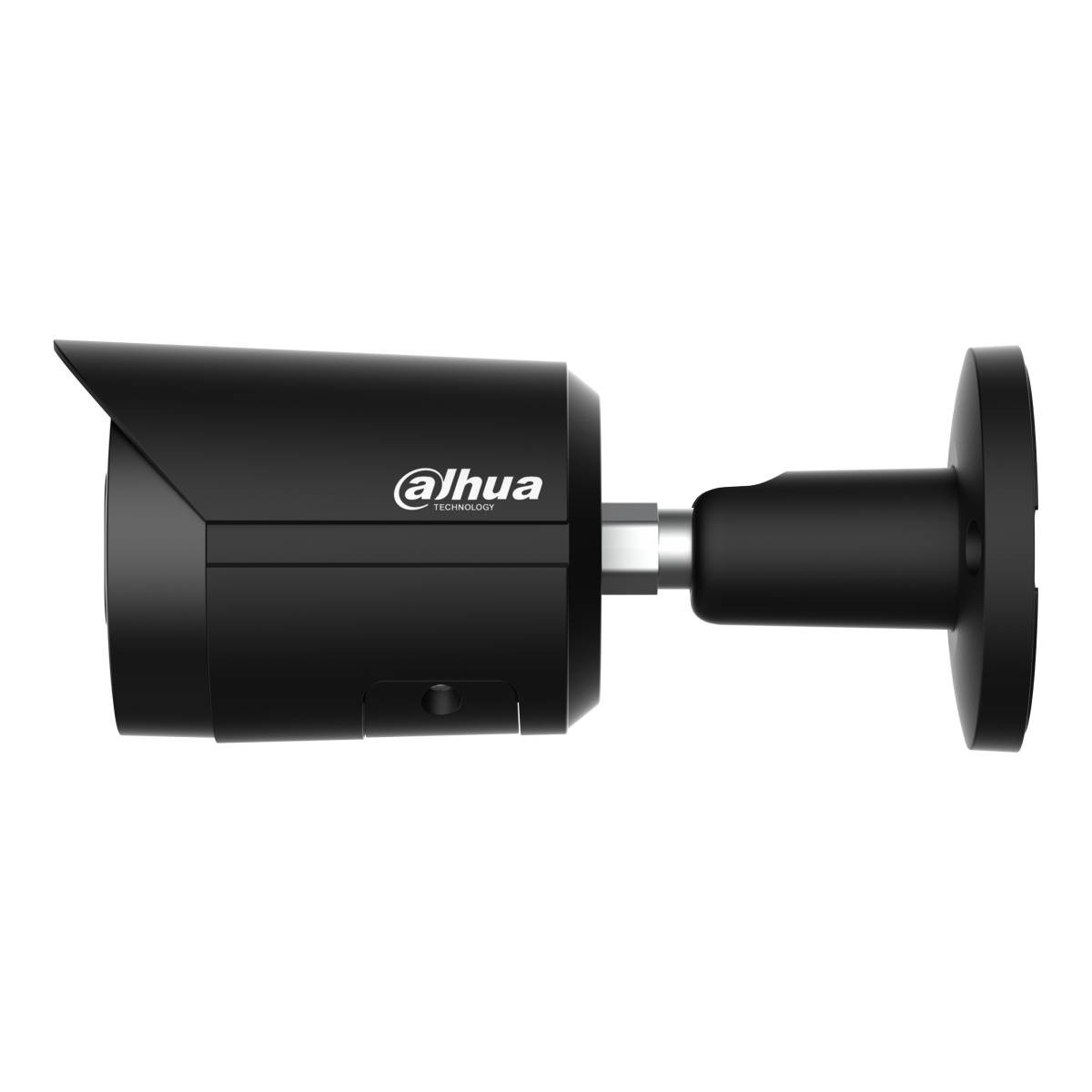 Telecamera di sicurezza nera con logo Dahua su sfondo bianco.