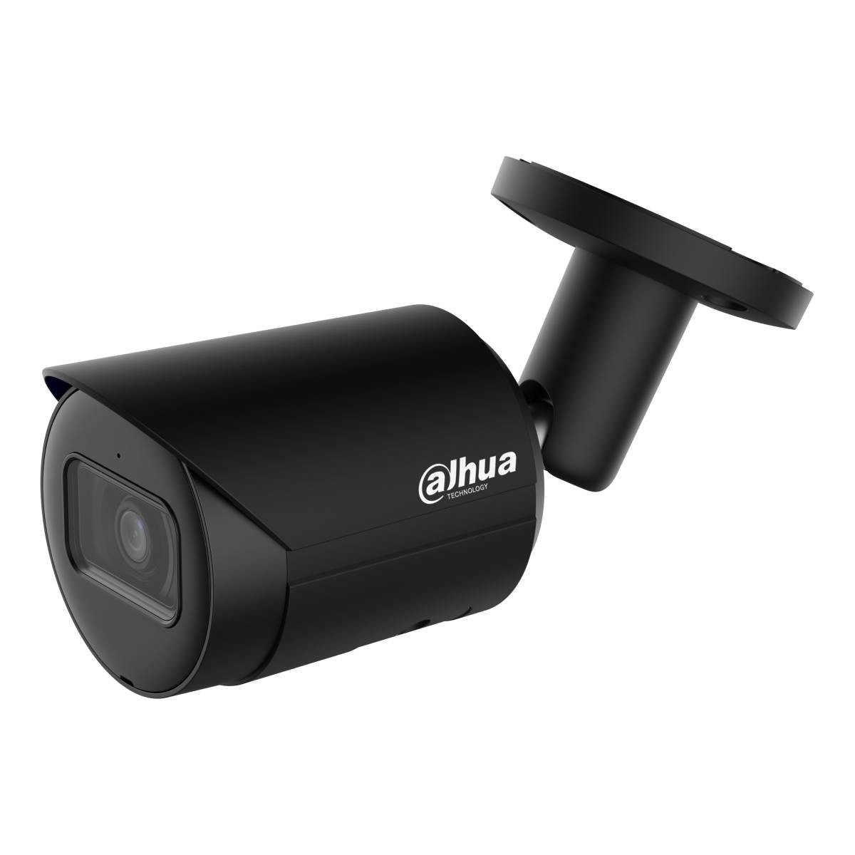 Telecamera di sicurezza nera con logo Dahua, isolata su sfondo bianco.