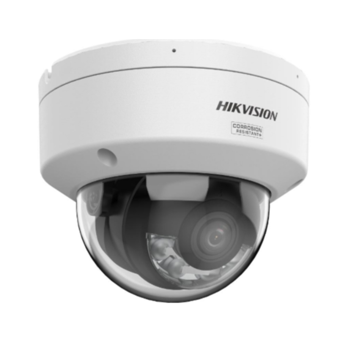 Telecamera dome Hikvision bianca con cupola trasparente e lente visibile.