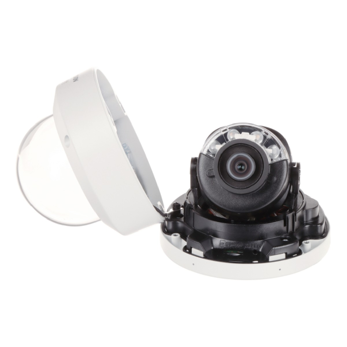 Una telecamera di sicurezza bianca con la cupola aperta, che rivela l'obiettivo e i LED.