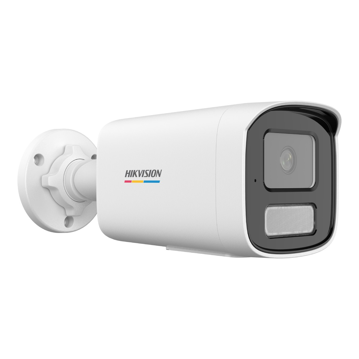 Telecamera Hikvision bianca con obiettivo e altoparlante su sfondo bianco.