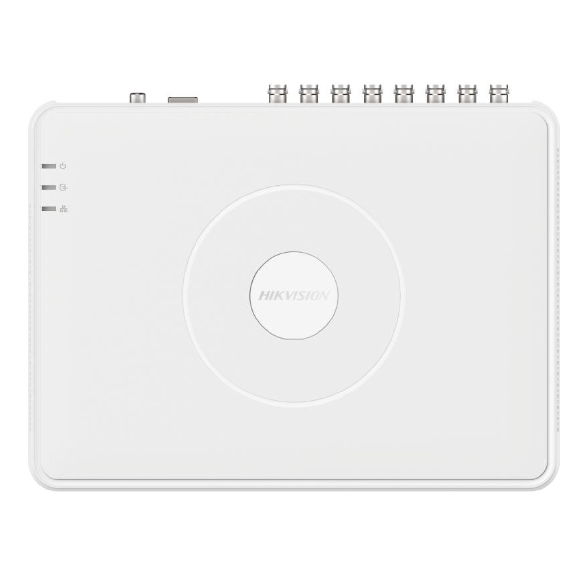 Un DVR Hikvision bianco con porte e spie luminose in cima.
